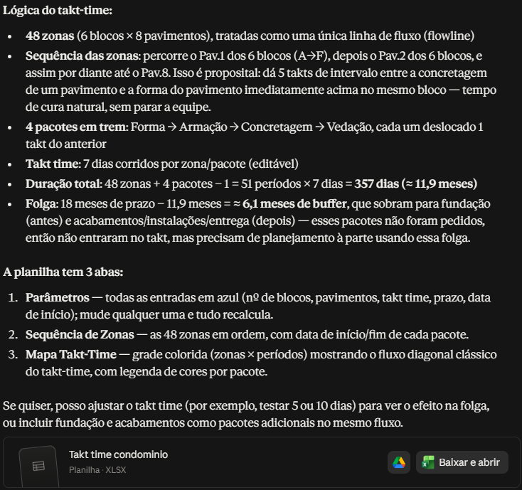 Lógica do takt-time gerada pela Skill e planilha em XLSX pronta para download