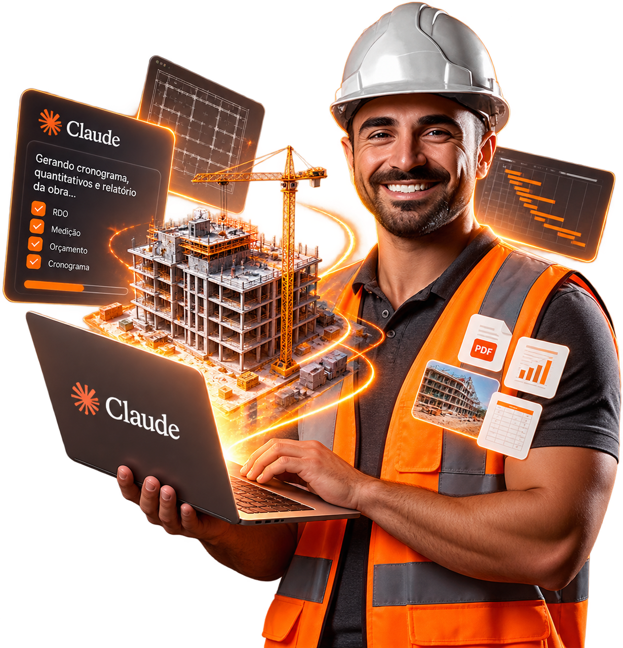 Engenheiro civil usando o Claude para gerar cronograma, quantitativos e relatórios da obra